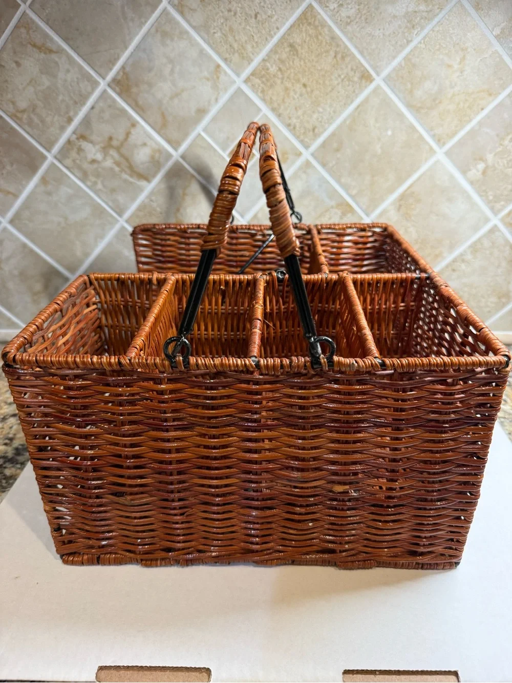 Wicker Basket Caddy / Organizer for Picnic or Tabletop with 7 Compartments